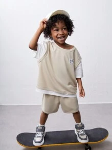 SHEIN Ensemble tee-shirt et short décontracté pour garçon en tricot à blocs de couleurs et à impression de lettres 2 en 1 avec étiquette brodée - Nude - Voir 6