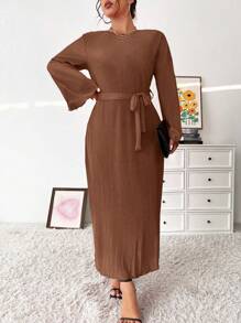 Vionelle Plus Size Round Neck Belted Casual Long Sleeve Dress Maxi Women Outfit - Coffee Brown - View 6