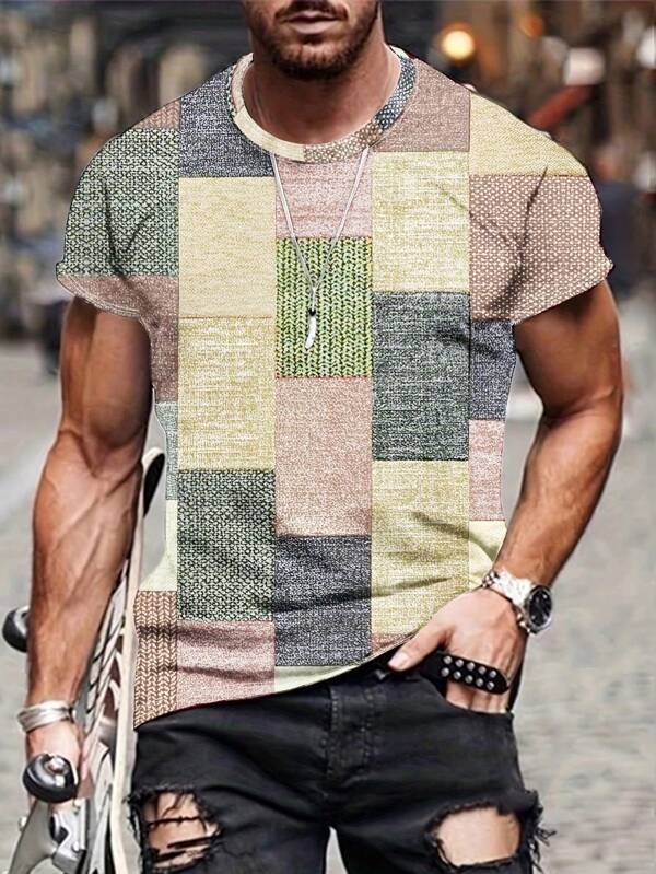 Manfinity LEGND Camiseta casual de manga corta con cuello redondo para hombre, estampado de cuadros de verano