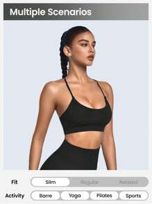 SHEIN Sports 女士單色交叉背運動胸圍 - 黑色 - 查看 4