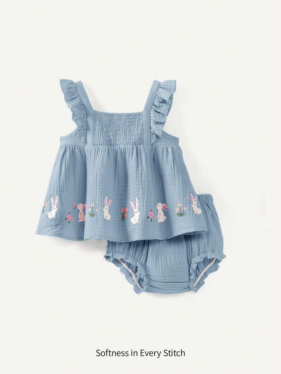 Cozy Pixies 女婴夏季服装，休闲方领上衣，荷叶边饰边和灯笼裤套装 - 淺藍色 - 查看 1