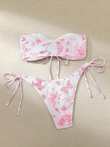 SHEIN Swim Ensemble de bikini bandeau imprimé pour femme, plage d'été, maillot de bain deux pièces sexy, motif aléatoire - Rose bonbon - Voir 2