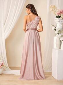 SHEIN Belle 女士優雅短前長後，閃爍花卉刺繡拼接不對稱領禮服，夏季款 - 珊瑚粉 - 查看 2