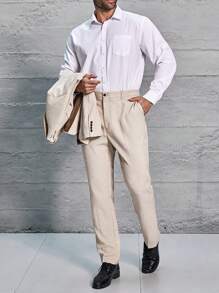 Manfinity Mode Men's Plus Size Solid Color Suit Set - Jacket And Trousers - Khaki - View 5