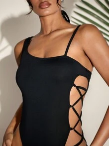 SHEIN BAE 夏季女士黑色不對稱領口連體褲，腰部和側邊系帶露肉，無袖款式 - 黑色 - 查看 2