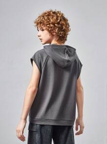 SHEIN Parte superior de punto de unicolor con capucha y patrón de letras para niño preadolescente - Caqui - Ver 2