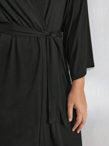 Ocili Leisure Smooth & Comfy Black Plus Size Long Sleeve Robe, For Fall & Winter, Cozy Outfit - Black - View 4