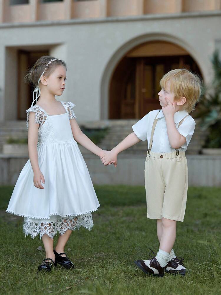 ヤングボーイ スプリング/サマー短袖シャツ、サスペンダーとミドルレングスパンツセット、紳士スタイル