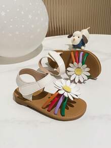 女童夏季雛菊涼鞋，開口，軟底，粘扣式，可愛公主鞋，適用於大童 - 白色 - 查看 5