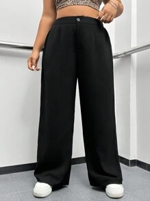 SHEIN EZwear 大码女式宽松百褶阔腿黑色正装裤毕业、返校、教师秋冬装 - 黑色 - 查看 3
