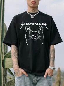 Men Cartoon Letter Print Short Sleeve T-Shirt For Summer - Black - View 1