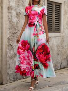 SHEIN Clasi Pink Romantic High Waist Long Dress For Women, Perfect For All Occasions - Multicolor - View 6