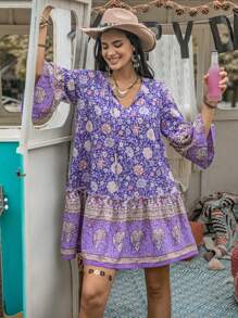 Rusttydustty Vestido corto de flores morado con estampado para mujer de talla grande, con cuello en V y mangas con tirantes, para vacaciones en la playa y estilo bohemio - Multicolor - Ver 3