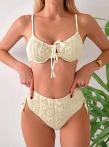 SHEIN Swim 女士纯色简约比基尼套装带独立蝴蝶结装饰夏季海滩 - 白色 - 查看 4