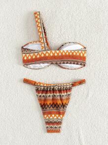 女士度假几何印花单肩性感比基尼套装夏季