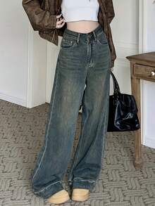 Women's Casual Wide Leg Loose Pocket Jeans