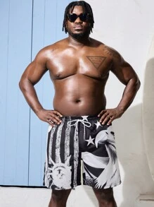 Manfinity Pantaloni corti da spiaggia casuali da vacanza con stampa a righe in clash di colore a stelle e aquila per gli uomini di taglia più