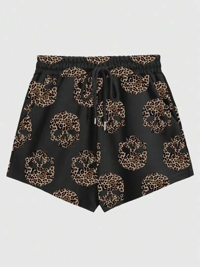 Grunge Punk Shorts casuales para mujer con estampado de leopardo y calavera en todo el prenda
