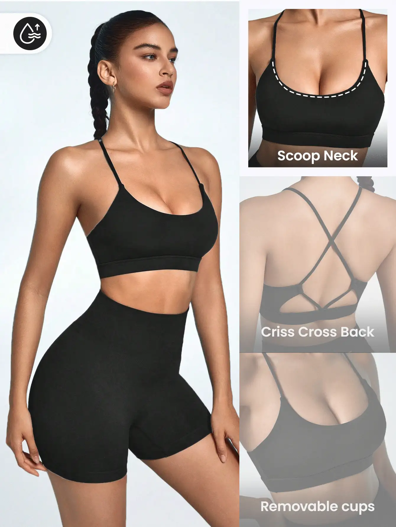 SHEIN Sports 女士單色交叉背運動胸圍 - 黑色 - 查看 2