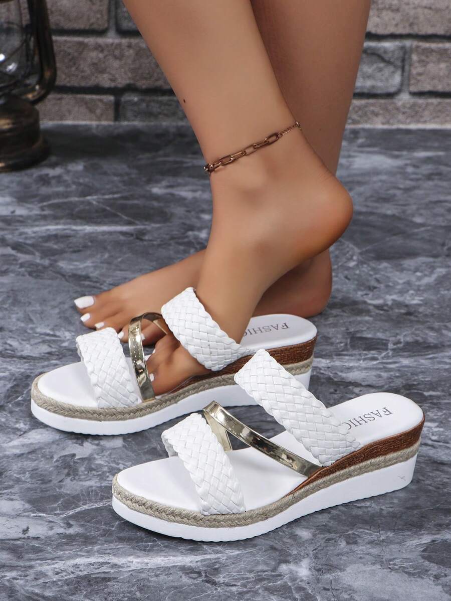 Women's Open Toe Plain Woven Belt Large Size Wedge Heel Thick Bottom Sandals - White - View 1