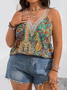 Breezaya Plus Size Vintage Print Open Shoulder Lace Trimmed Camisole Graphic Tees Women Tops