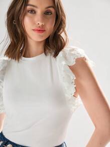 Enchnt Women's White Cute Embroidery Solid Color Round Neck Gorgeous Short Ruffle Sleeve Top For Summer - White - View 6