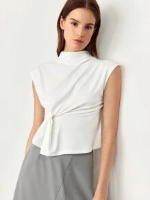 BizChic Top sin mangas de cuello alto con nudo elegante para mujer, atuendos de mujer para otoño