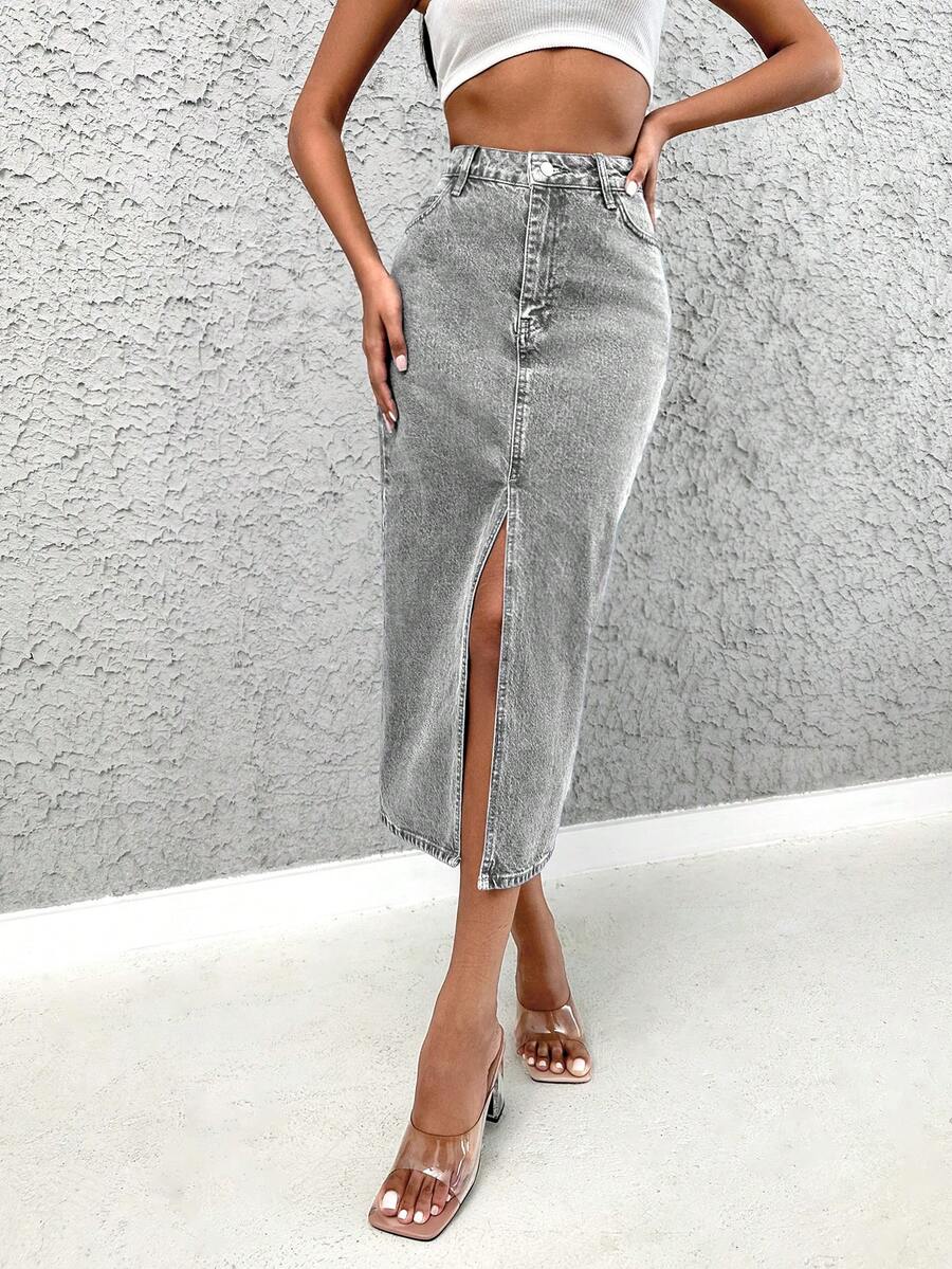 EURMUSE Women's Long Casual Denim Skirt With Slit And Pocket - Light Grey - View 1