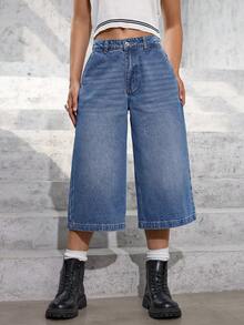 SHEIN EZwear Women's Loose Fit Wide Leg Denim Capris With Pockets - Medium Wash - View 5