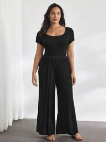 Ocili Jumpsuit Leher U Polos Halus Nyaman untuk Santai, Ukuran Plus, Pakaian Tidur - Hitam - View 7