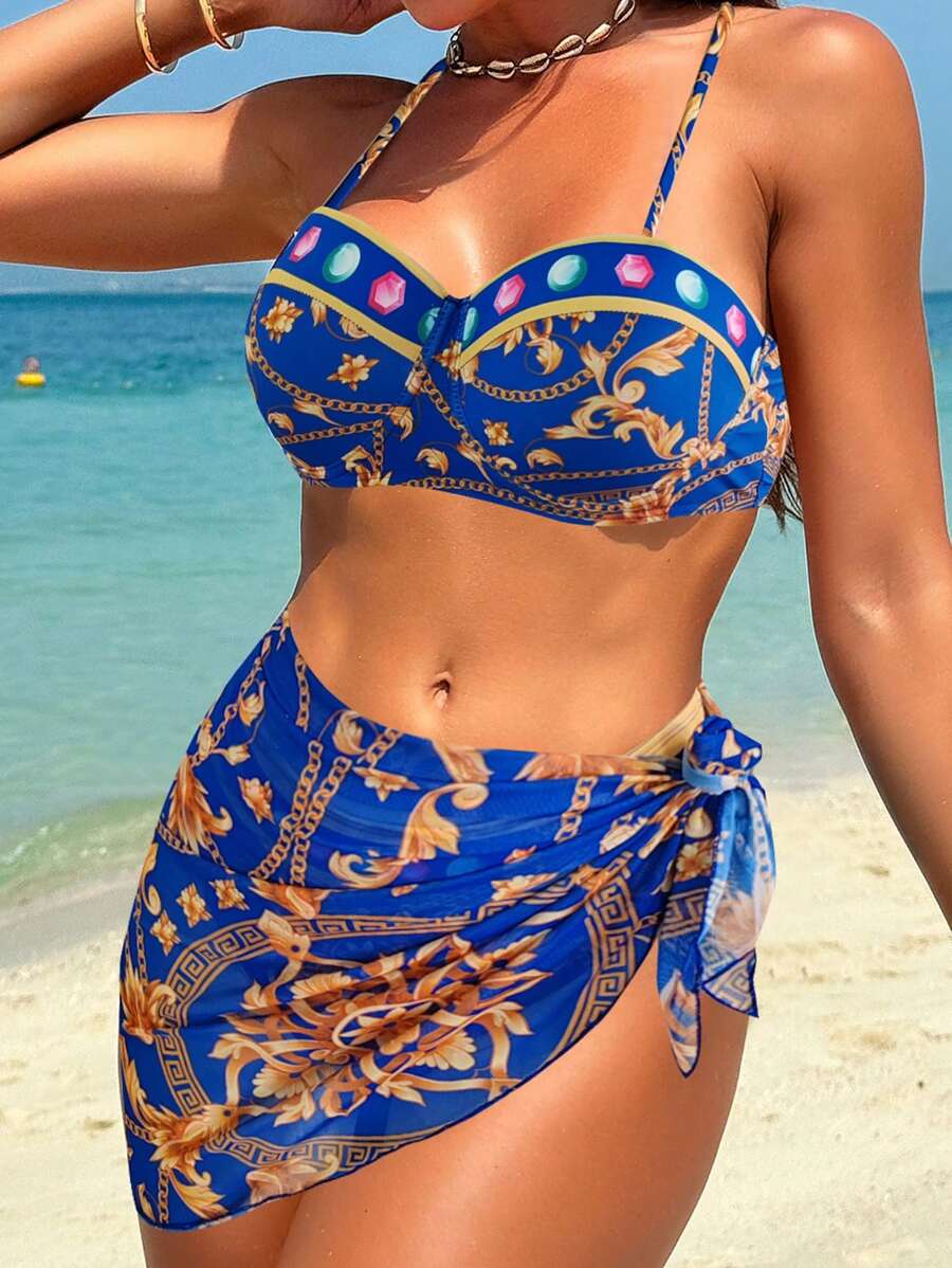 SHEIN Swim 女士巴洛克印花性感比基尼套装带泳装罩裙，3 件套带钢圈，随机图案，夏季海滩 - 彩色 - 查看 1