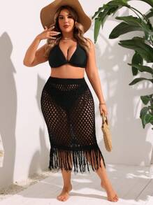 Swim Vcay Plus Size Summer Beach Solid Color Hollow Out Knitted Fringed Hem Cover Up Skirt