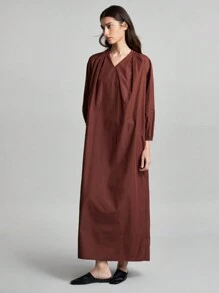Ontre Solid Color V-neck Lantern Sleeve Loose Fit Dress - Redwood - View 5