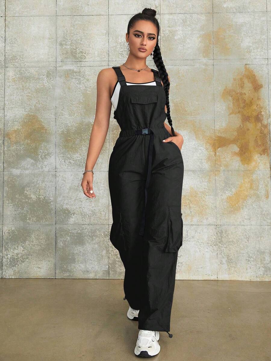 Y2K Streetwear Style Buckle Waist Belt, Flap Pocket, Side Cargo Parachute Jumpsuit - Black - View 1