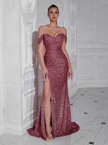 ADYCE Vestido largo de cóctel con hombros descubiertos, fruncido, abertura alta y espalda descubierta con lentejuelas de unicolor - Rosa vieja - Ver 1