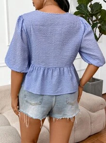 SHEIN EZwear 大碼女裝簡約日常格紋襯衫，配蝴蝶結裝飾 - 藍白色 - 查看 2