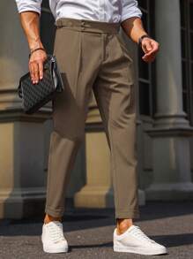 Manfinity Mode Men's Solid Color Zipper Fly Casual Suit Pants With Pockets, Men Co Ords, Light Brown Pants, Casual Pants - Champagne - View 4