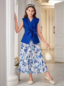 Tween Girl Elegant Spring/Summer Woven Solid Color Top With Ruffle Collar And Pleated Skirt Suit, Commuter Style - Blue - View 1
