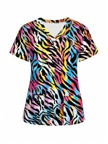 Fashionable Printed Short Sleeve Uniform Scrub Top For Daily Wear - Multicolor - View 1