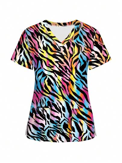 Fashionable Printed Short Sleeve Uniform Scrub Top For Daily Wear