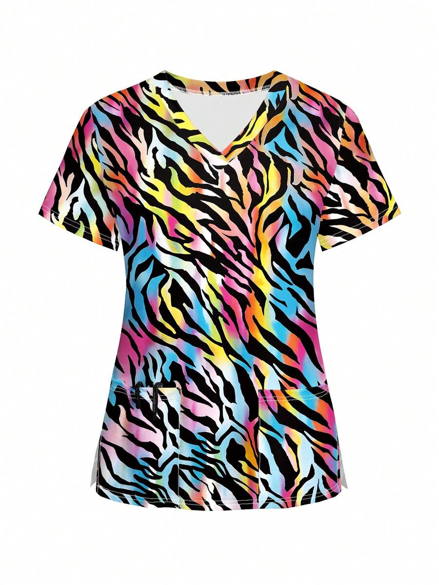 Fashionable Printed Short Sleeve Uniform Scrub Top For Daily Wear - Multicolor - View 1