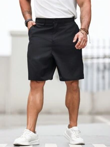 Manfinity Homme Plus size effen kleur shorts met zakken voor zomer vrijetijdskleding, effen zwart zakelijk