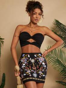 Travachic Holiday Knitting Solid Color Printed High-Waisted Fitted Women's Skirt