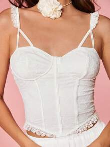 Enchnt Women's Elegant Solid Color Lace Corset Slim Fit Camisole Top, Summer