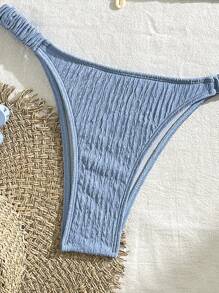 Swim Mod 女士纯色简约褶皱吊带比基尼套装，配有三角形上衣和下装，非常适合夏季度假 - 藍色 - 查看 4