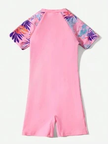 SHEIN Tween Girl Plant Print Zip Front One Piece Swimsuit
