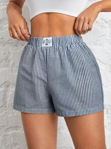 SHEIN PETITE Shorts de rayas tejidas azules para mujer - Azul - Ver 6