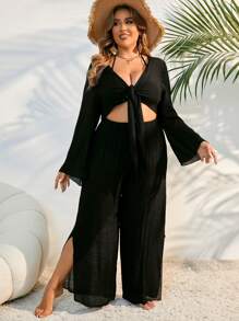 Swim Lushoire Plus Size Women's Plain & Simple Daily Chiffon Kimono Cover Up Summer - Black - View 6