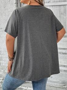 SHEIN CURVE+ Plus Size Casual Simple Lotus Pattern Round Neck Loose Fit Women's T-Shirt, Suitable For Summer