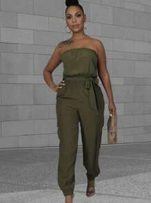 BamGleam Einfarbiges Trägerloses Jumpsuit Mit Geraffter Taille Und Knöchel Manschetten